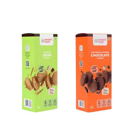 Ancient Roots Combo of Jeera Cookies & Chocolate Cookies - 150g of Each (Pack 2) / Delicious Biscuits (16-18 Pcs) / For Healthy Snacks/Breakfast, Best Paired with Tea & Coffee, No Maida, No Sugar, No Palm Oil