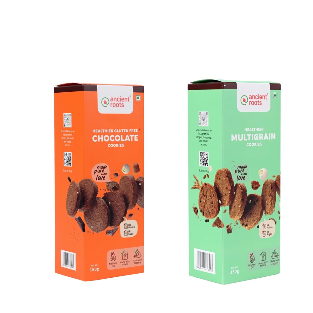 Ancient Roots Combo of Chocolate Cookies & Multigrain Cookies - 150g of Each (Pack 2) / Delicious Biscuits (16-18 Pcs) / For Healthy Snacks/Breakfast, Best Paired with Tea & Coffee, No Maida, No Sugar / Vacuum Pack
