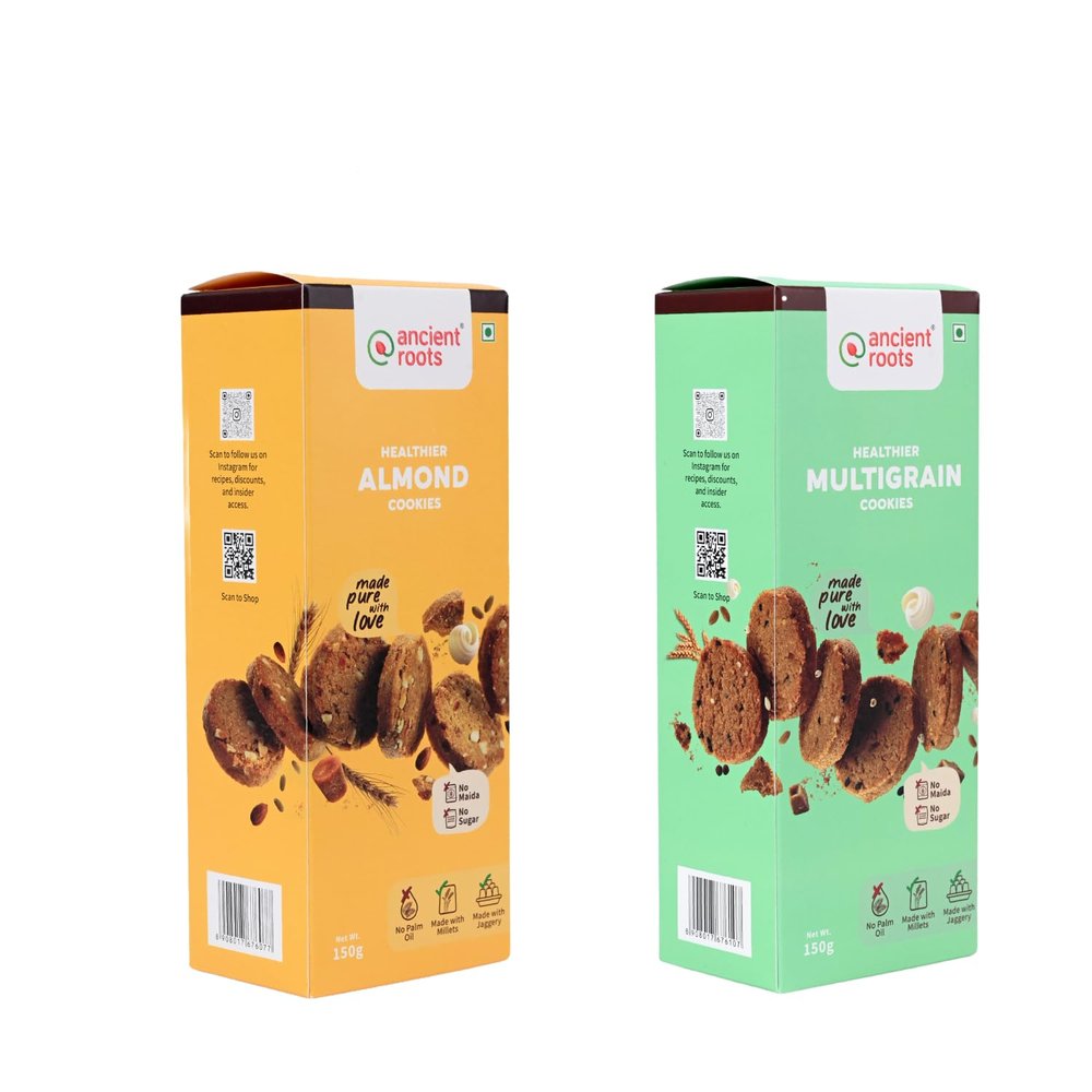Ancient Roots Combo of Almonds Cookies & Multigrain Cookies - 150g of Each (Pack 2) / Delicious Biscuits (16-18 Pcs) / For Healthy Snacks / Breakfast, Best Paired with Tea & Coffee / No Maida, No Sugar, No Palm Oil