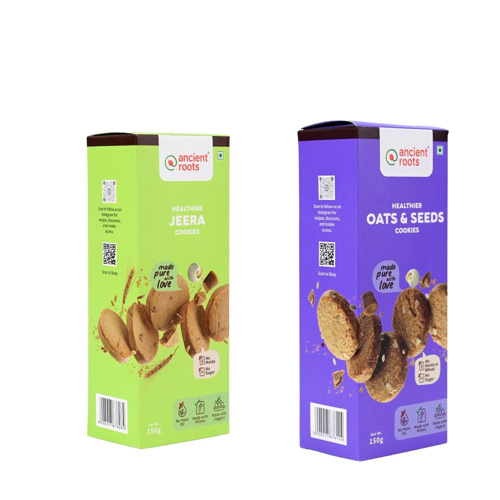 Ancient Roots Combo of Jeera Cookies & Oats & Seeds Cookies - 150g of Each (Pack 2) / Delicious Biscuits (16-18 Pcs) / For Healthy Snacks / Breakfast, Best Paired with Tea & Coffee, No Maida, No Sugar, No Palm Oil