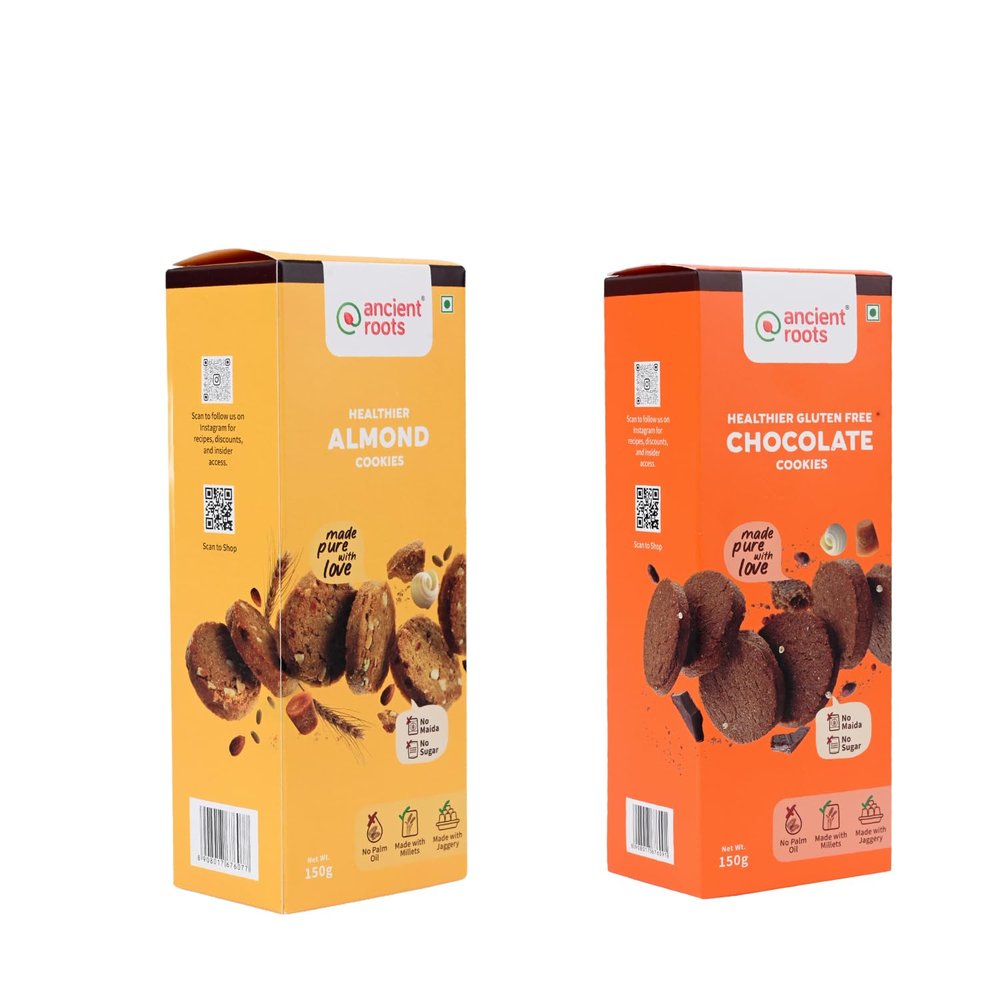 Ancient Roots Combo of Almond Cookies & Chocolate Cookies - 150g of Each (Pack 2) / Delicious Biscuits (16-18 Pcs) / For Healthy Snacks / Breakfast, Best Paired with Tea & Coffee, No Maida / No Sugar / No Palm Oil