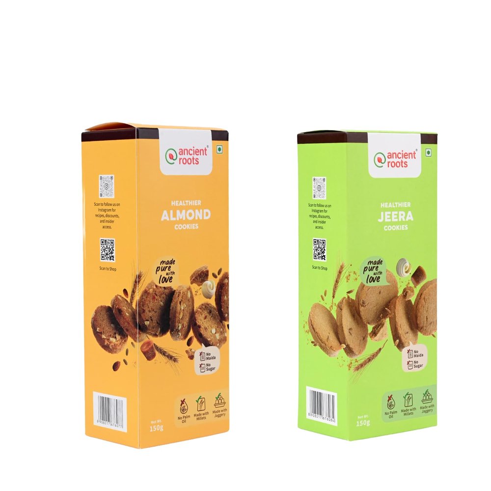 Ancient Roots Combo of Jeera Cookies & Almond Cookies - 150g of Each (Pack 2) / Delicious Biscuits (16-18 Pcs) / For Healthy Snacks/Breakfast, Best Paired with Tea & Coffee, No Maida, No Sugar, No Palm Oil
