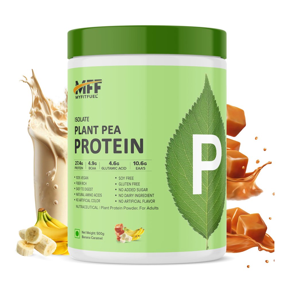 MyFitFuel Clean Plant Pea Protein Isolate (27.4g Protein, 4.9g BCAA, 10.6g EAA) |Easy to Digest | Vegan Plant Protein Powder [500g, 14 Servings, (Banana Caramel)]