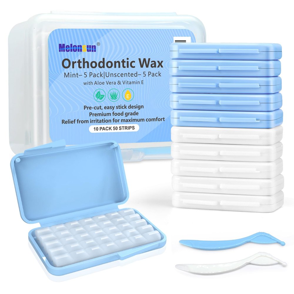 Braces Wax, 10 Pack 50 Wax Strips 350+ Dots, Precut Dental Wax for Braces & Aligners, Food Grade Brace Wax with Separate Cases and Storage Box- Easy to Use and Stick Better (Unscented & Mint)