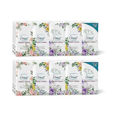 PIOUS 2 Ply Highly Absorbent Soft Pocket Tissue Papers (size-20x20cm) (10 Pulls Per Packet) Pack of 10 (100-Sheets)