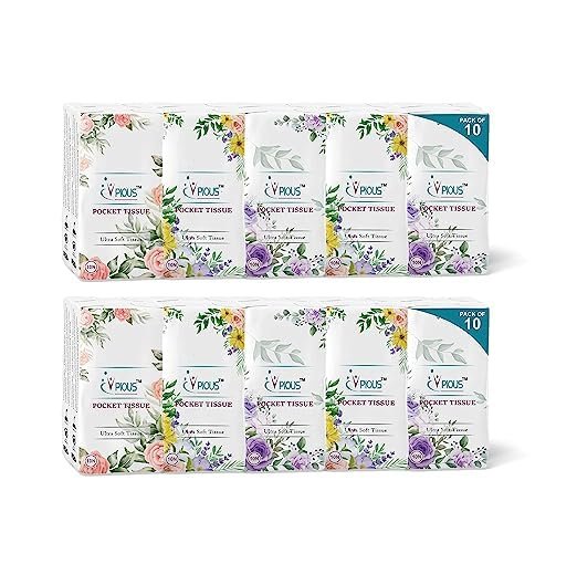PIOUS 2 Ply Highly Absorbent Soft Pocket Tissue Papers (size-20x20cm) (10 Pulls Per Packet) Pack of 10 (100-Sheets)