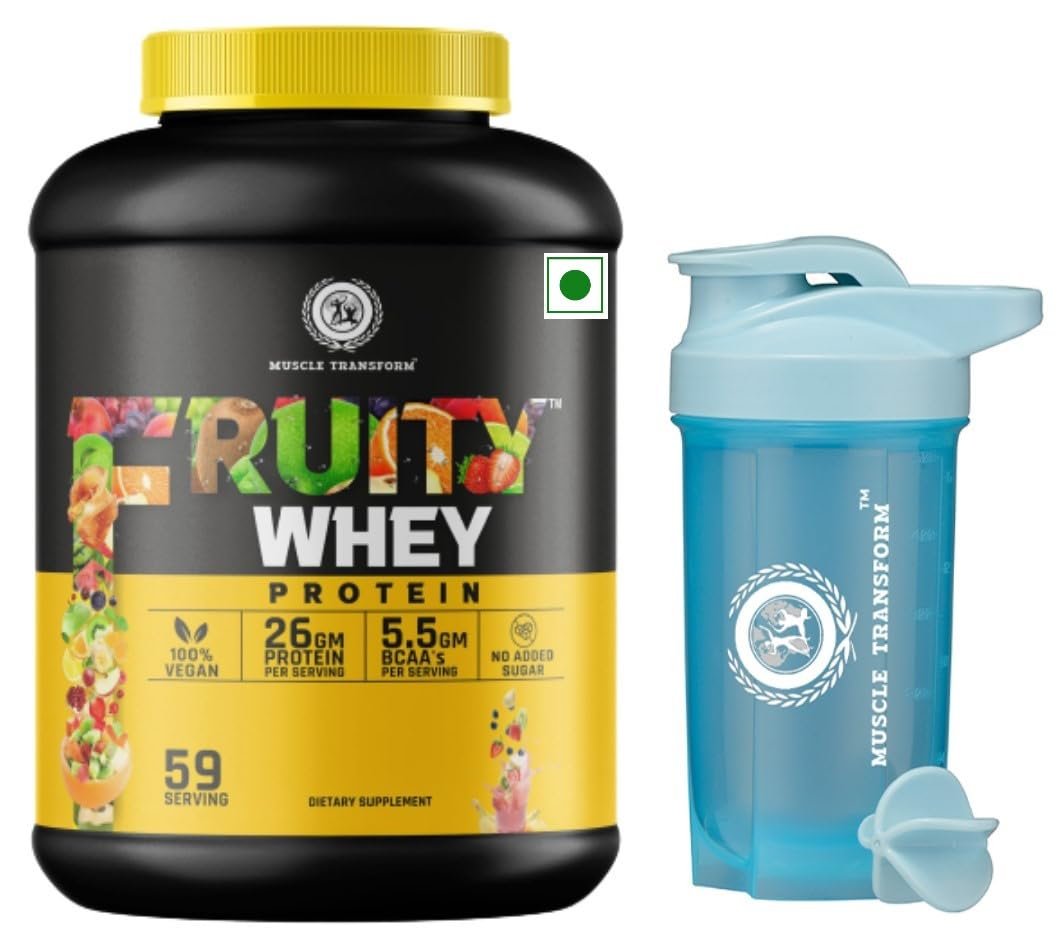 Muscle Transform Fruity Whey Protein Isolate, 26g Protein, 5.5 BCAAs, 6g Glutamine, 15g EAA | Muscle-Building Whey Protein Supplement Powder, Refreshing Whey for Men Women [Mango, 2kg] Free Gym Shaker Bottle