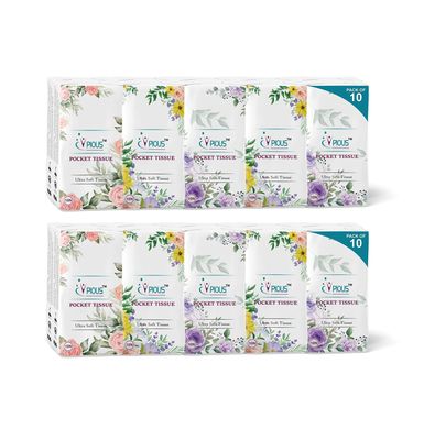 PIOUS 2 Ply Highly Absorbent Soft Hanky Facial Travel Pocket Tissue Papers Use & throw tissue (size-20x20cm) (10 Pulls Per Packet) (200)