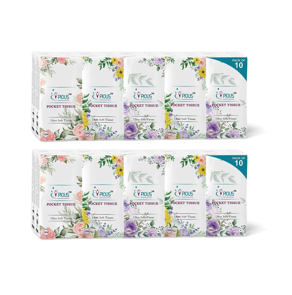 PIOUS 2 Ply Highly Absorbent Soft Hanky Facial Travel Pocket Tissue Papers Use & throw tissue (size-20x20cm) (10 Pulls Per Packet) (200)