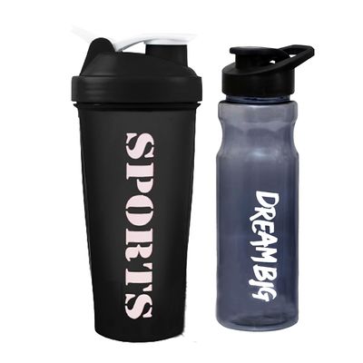 COOL INDIANS Fitness Combo Shaker Bottles & Sipper Bottle Protein Gym Shaker (Pack of 2) (Black)