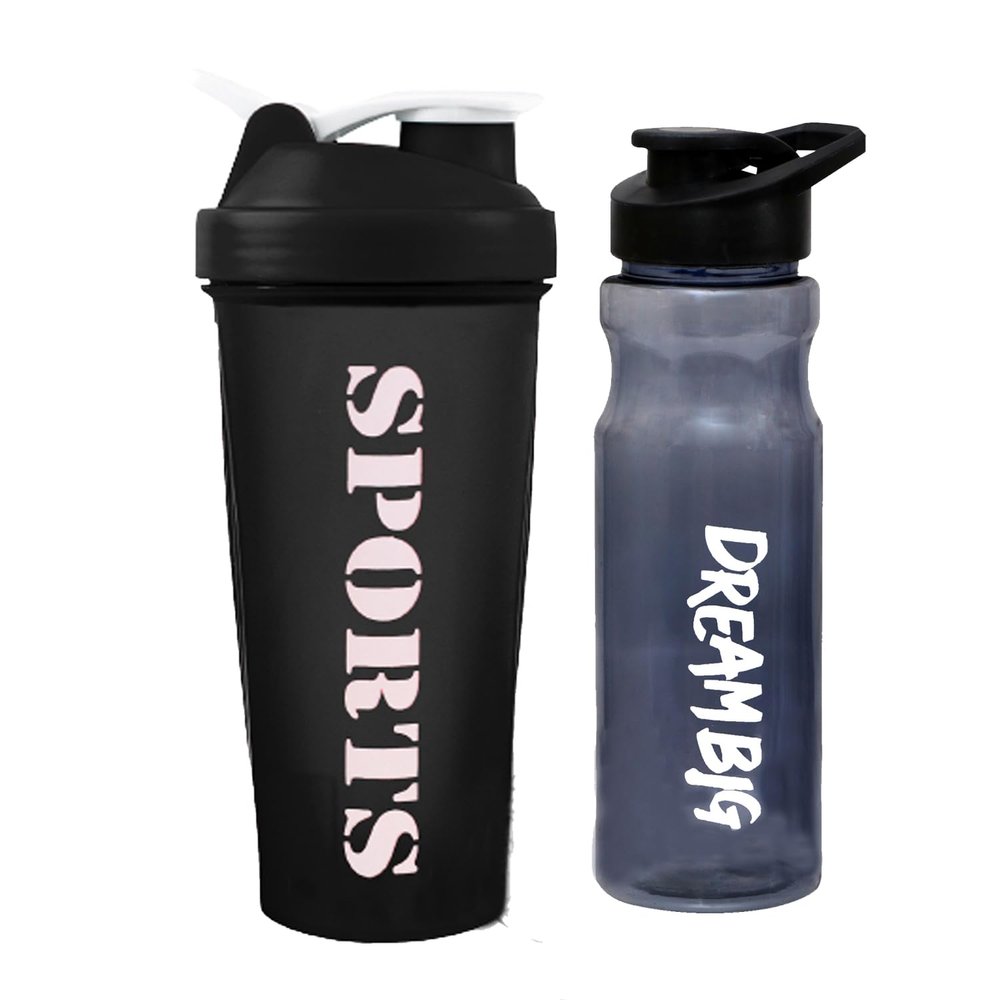 COOL INDIANS Fitness Combo Shaker Bottles & Sipper Bottle Protein Gym Shaker (Pack of 2) (Black)