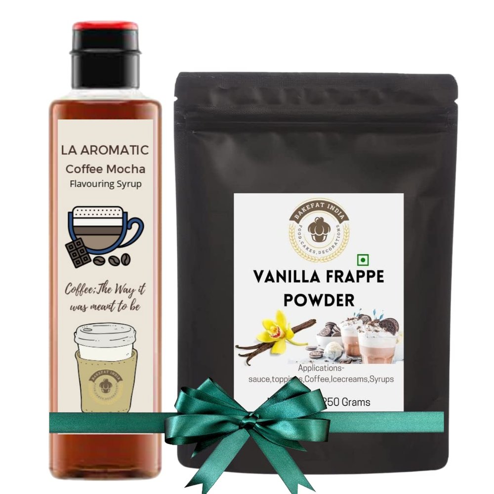 Bakefat India Coffee Macha Syrup-200ml & Vanilla Frappe Powder/coffee Thickener Powder-250 Grams
