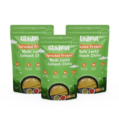 Gladful Sprouted Protein Spinach Instant Chilla Mix - No Maida, No Palm Oil, Gluten Free, Diabetic friendly, High Fiber, 200 g (Pack of 3)
