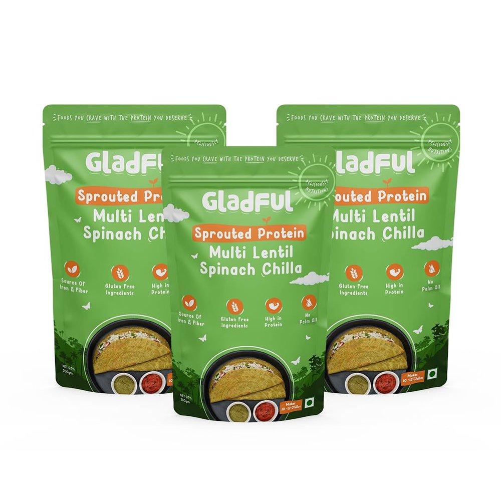 Gladful Sprouted Protein Spinach Instant Chilla Mix - No Maida, No Palm Oil, Gluten Free, Diabetic friendly, High Fiber, 200 g (Pack of 3)