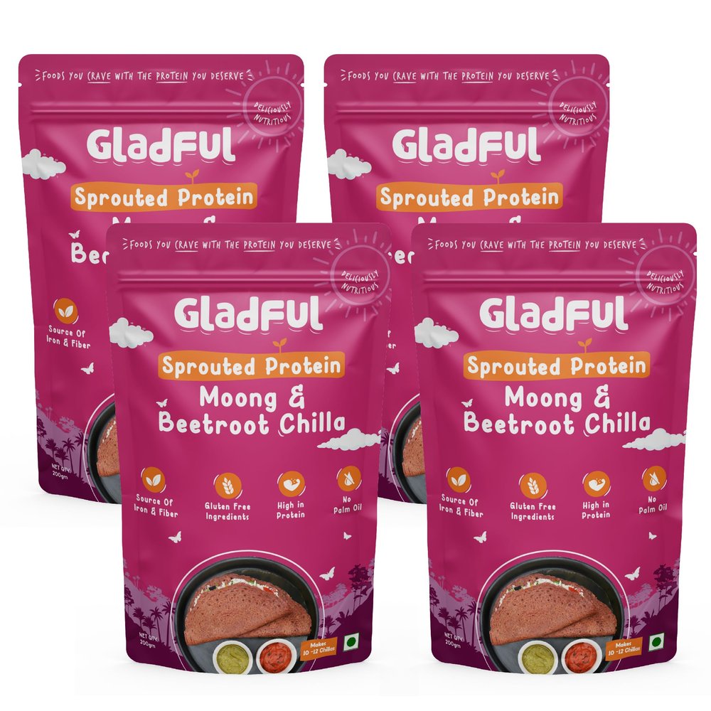 Gladful Sprouted Lentils & Millets Instant Beetroot Chilla Dosa Mix, No Maida, No Palm Oil, High Protein, Diabetic Friendly, Gluten Free, 200 G (Pack Of 4)