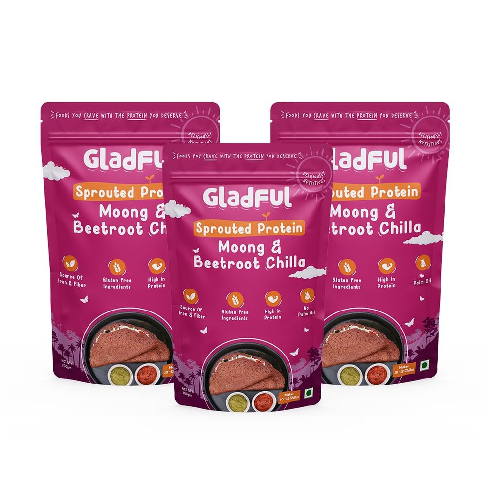 Gladful Sprouted Lentils & Millets Instant Beetroot Chilla Dosa Mix, No Maida, No Palm Oil, High Protein, Less Carb Gluten Free, 200 G (Pack Of 3)