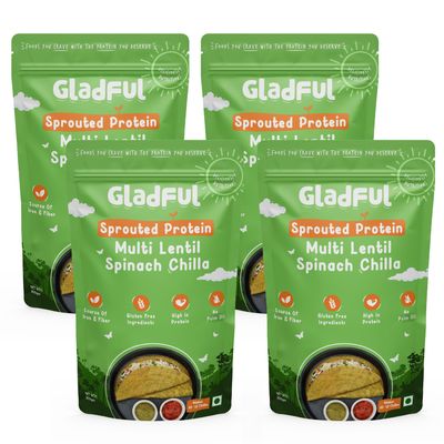Gladful Sprouted Protein Spinach Instant Chilla Mix - No Maida, No Palm Oil, Gluten Free, High Protein & Fiber-Rich Food, 200 g (Pack of 4)