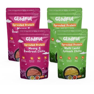 GLADFUL Sprouted Lentils & Millets Instant Chilla Dosa Mix, Natural Healthy Protein & Fiber-Rich Breakfast No Maida, No Palm Oil, Low GI, Vegan, Gluten Free - 200 G (Pack Of 4, Beetroot & Spinach)