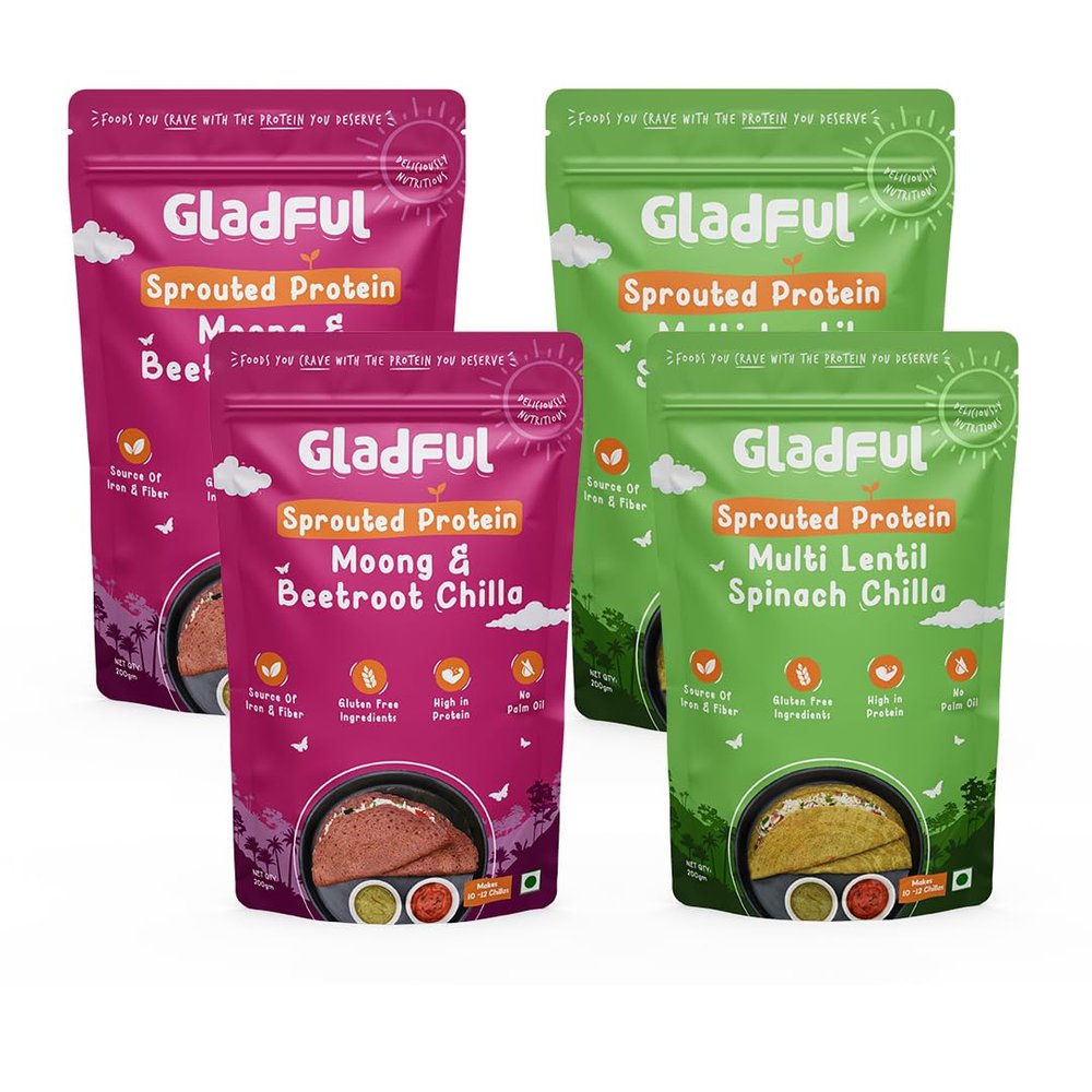 GLADFUL Sprouted Lentils & Millets Instant Chilla Dosa Mix, Natural Healthy Protein & Fiber-Rich Breakfast No Maida, No Palm Oil, Low GI, Vegan, Gluten Free - 200 G (Pack Of 4, Beetroot & Spinach)