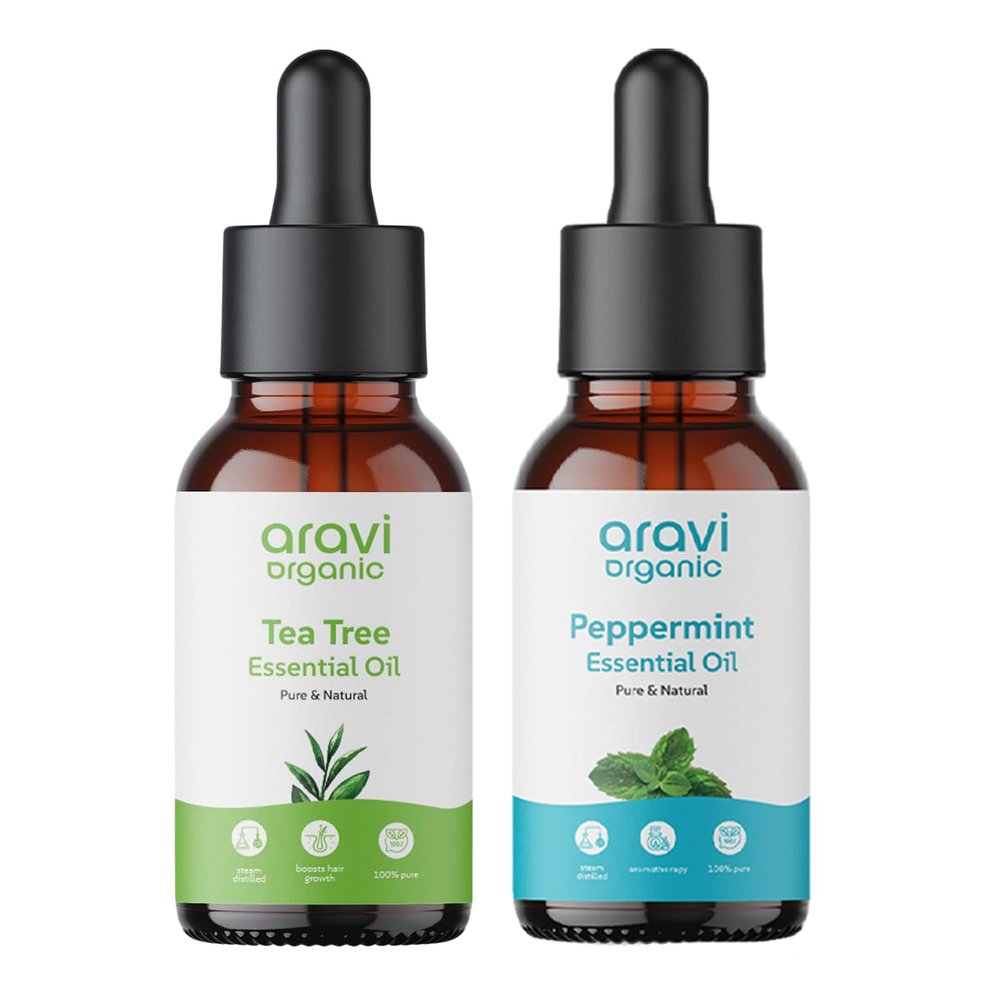 Aravi Organic 100% Pure Tea Tree And Peppermint Essential Oil For Healthy Hair and Skin - For Women and Men -15 ml Each
