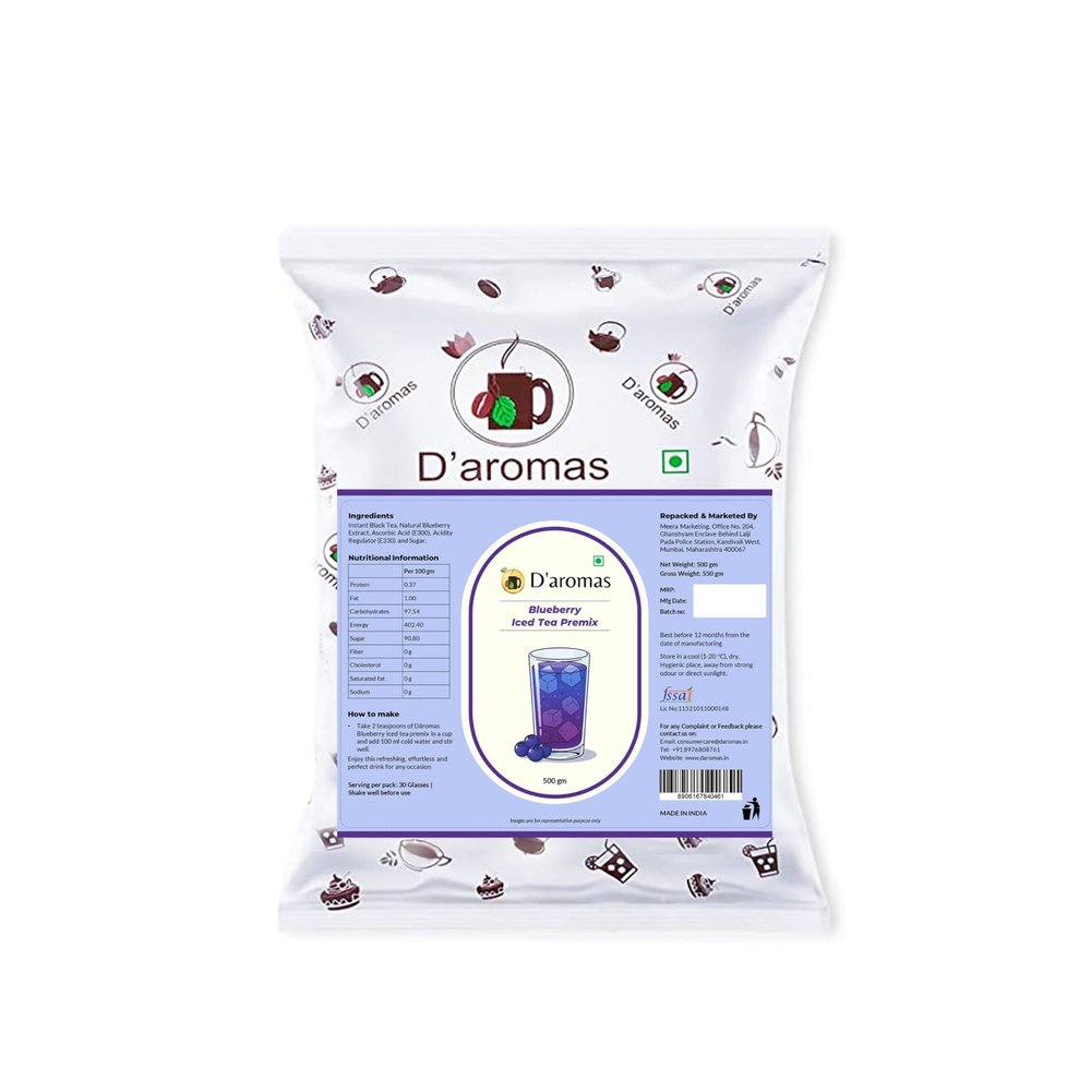 D'aromas Blueberry Ice Tea 2Kg, Instant Premix Ice Tea Powder, Ready To Drink, Refreshing Iced Tea, Summer Drink 500gm each (Pack Of 4)