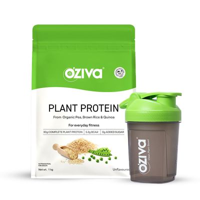 OZiva Plant Protein for Everyday Fitness | 30g Protein - Pea Isolate | Complete Plant Protein Powder for Men & Women | No Added Sugar, Certified Clean & Vegan (Unflavoured, 1kg + shaker)