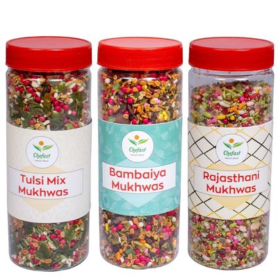 Chefast Bombaiya Mukhwas, Rajasthani Mukhwas & Tulsi Mix Mukhwas Pack of 3 [Mouth Freshener, Digestive, After-Meal Snack] 230 gm each