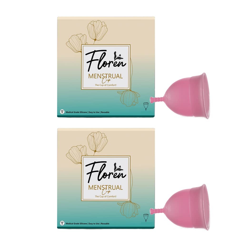 FLOREN Reusable Menstrual Cup for Women with Pouch | Ultra Soft, Odour and Rash Free | 100% Medical Grade Silicone | No Leakage | Protection for Up to 8-10 Hours | FDA Approved(Large) - Pack of 2