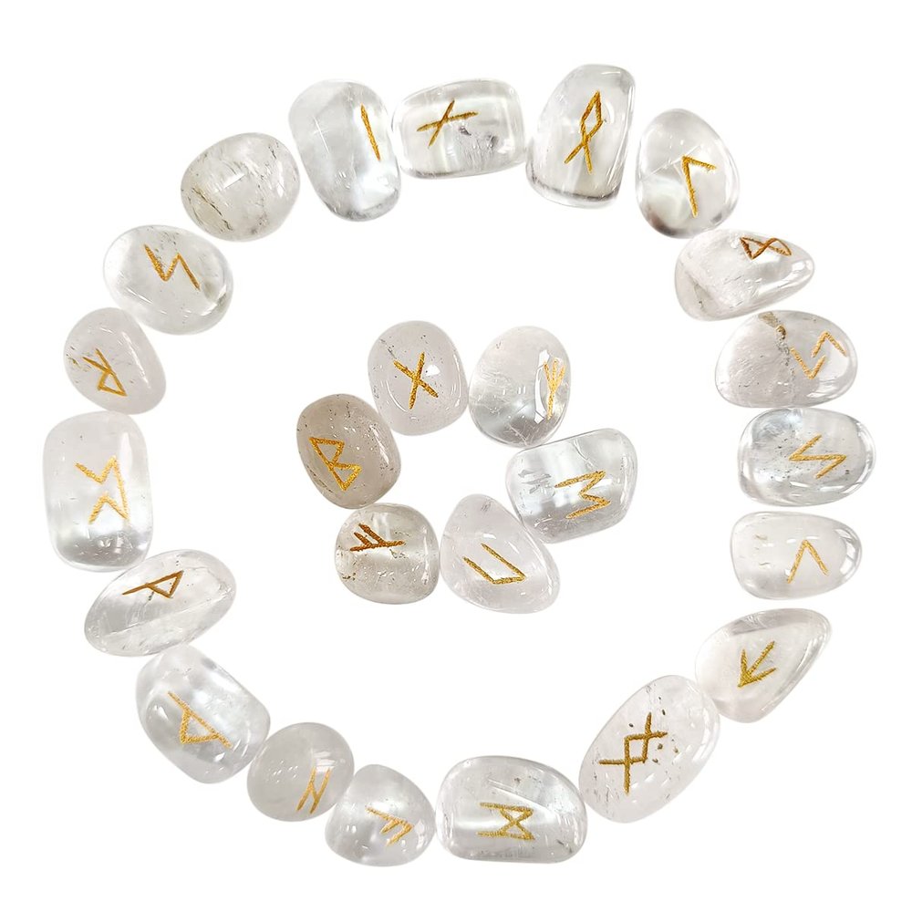 9Dzine Clear Quartz Crystal Rune Set for Divination,Viking Runes