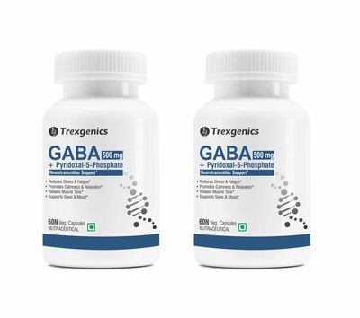 Trexgenics GABA (Gamma aminobutyric aicd) 500 mg, Pyridoxal 5 Phosphate 1 mg, Neurotransmitter, Stress, Sleep Support VEGAN & NON-GMO (60 Veg Capsules) (Pack of 2)