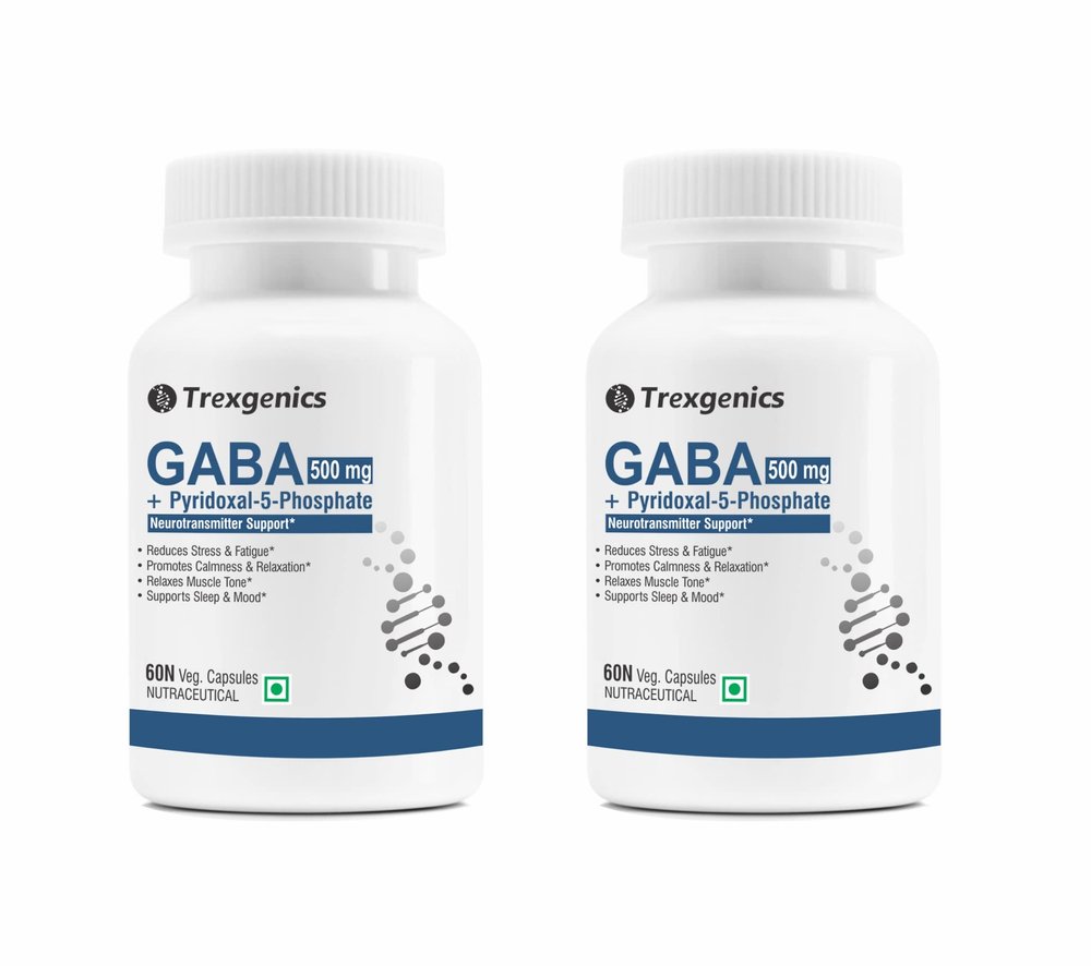 Trexgenics GABA (Gamma aminobutyric aicd) 500 mg, Pyridoxal 5 Phosphate 1 mg, Neurotransmitter, Stress, Sleep Support VEGAN & NON-GMO (60 Veg Capsules) (Pack of 2)