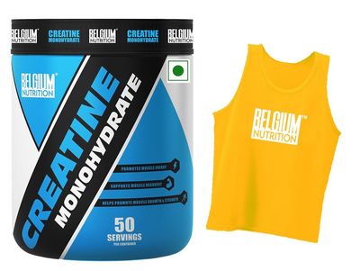 Belgium Nutrition Creatine Monohydrate, Strength, Reduce Fatigue, 100% Pure Creatine, Lean Muscle Building, Supports Muscle Growth, Athletic Performance, Recovery [50 Servings, Orange] Free Sleeveless T-Shirt