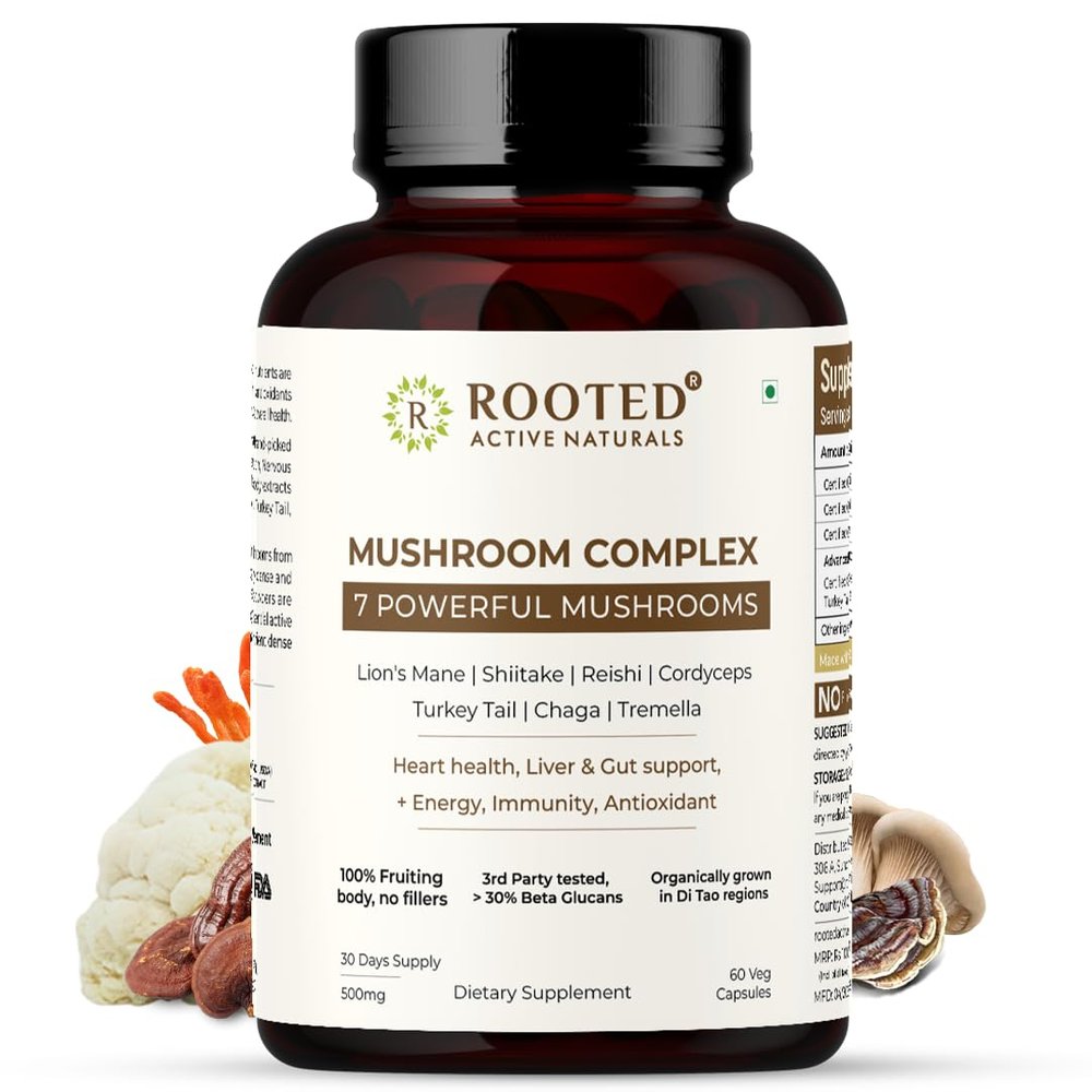 Rooted Active's 7-in-1 Mushroom Complex, Lion's Mane, Reishi, Cordyceps & more, Promotes overall wellbeing, full body detox, increase focus, mental clarity, gut health (60 Caps)