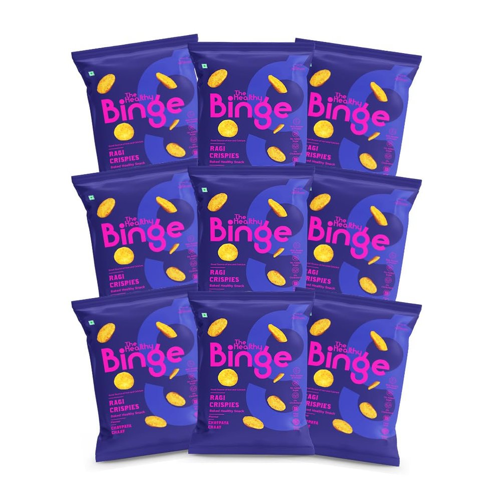 The Healthy Binge Ragi Crispies Baked Chips Snacks | Healthy snacks for kids and adults | Chatpata Chaat Flavour |Protein | Gluten Free -Free | 0% Cholesterol | Pack of 9 (40 Gm X 9)