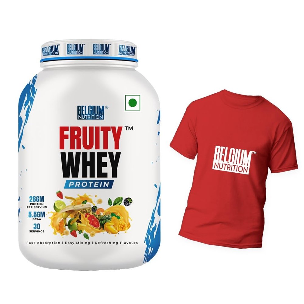 Belgium Nutrition Fruity Whey Protein with 26g Protein, 5.5 BCAAs, 6g Glutamine, 15g EAA for Muscle Strength, Performance | Muscle-Building Whey Protein Supplement Powder | Lean Body High Whey Protein | Muscle Gain, Muscle Support & Recovery [Strawbe