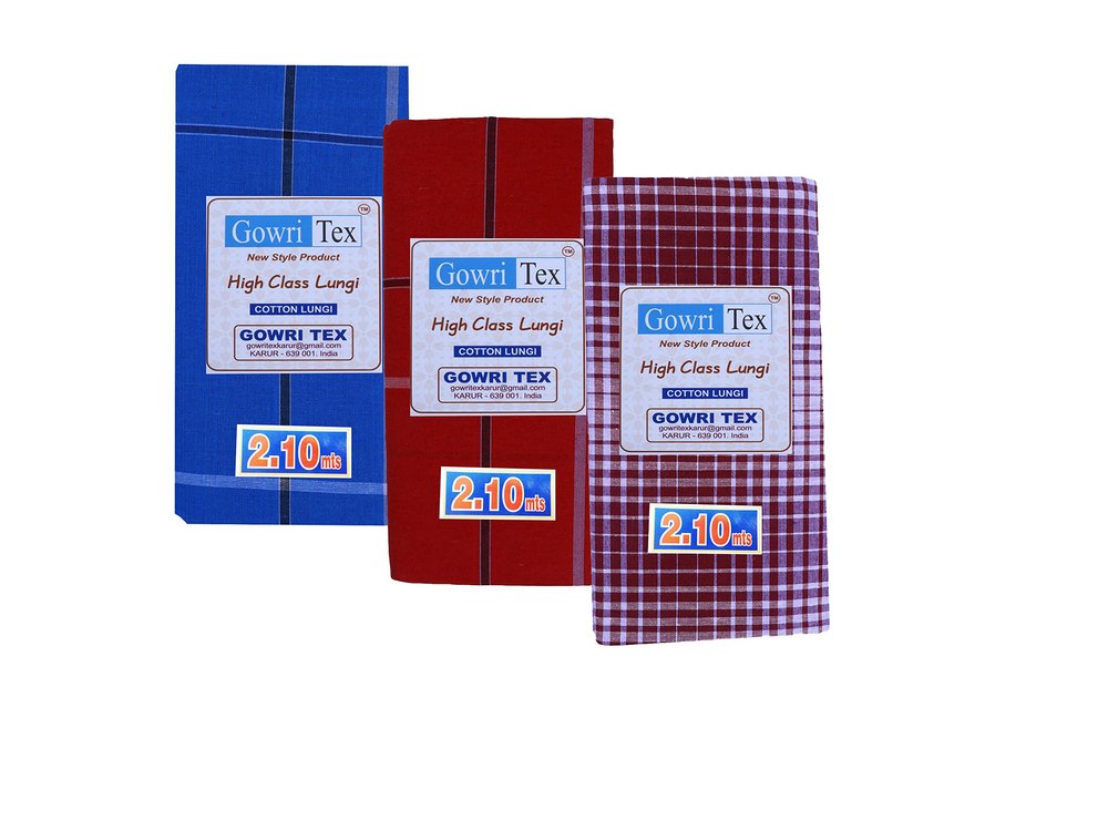 Gowri Tex Premium Cotton Lungi Pack Of 3 (Lungi 2.10 BBlue RedN CRed 3)