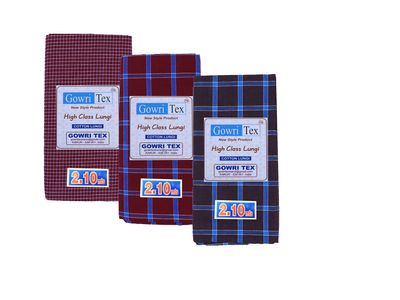 Gowri Tex Premium Cotton Lungi Pack Of 3 (Lungi 2.10 Maroon Bred Brown 3)