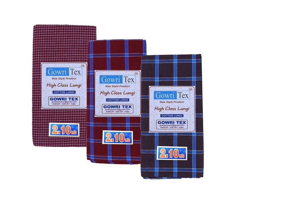 Gowri Tex Premium Cotton Lungi Pack Of 3 (Lungi 2.10 Maroon Bred Brown 3)