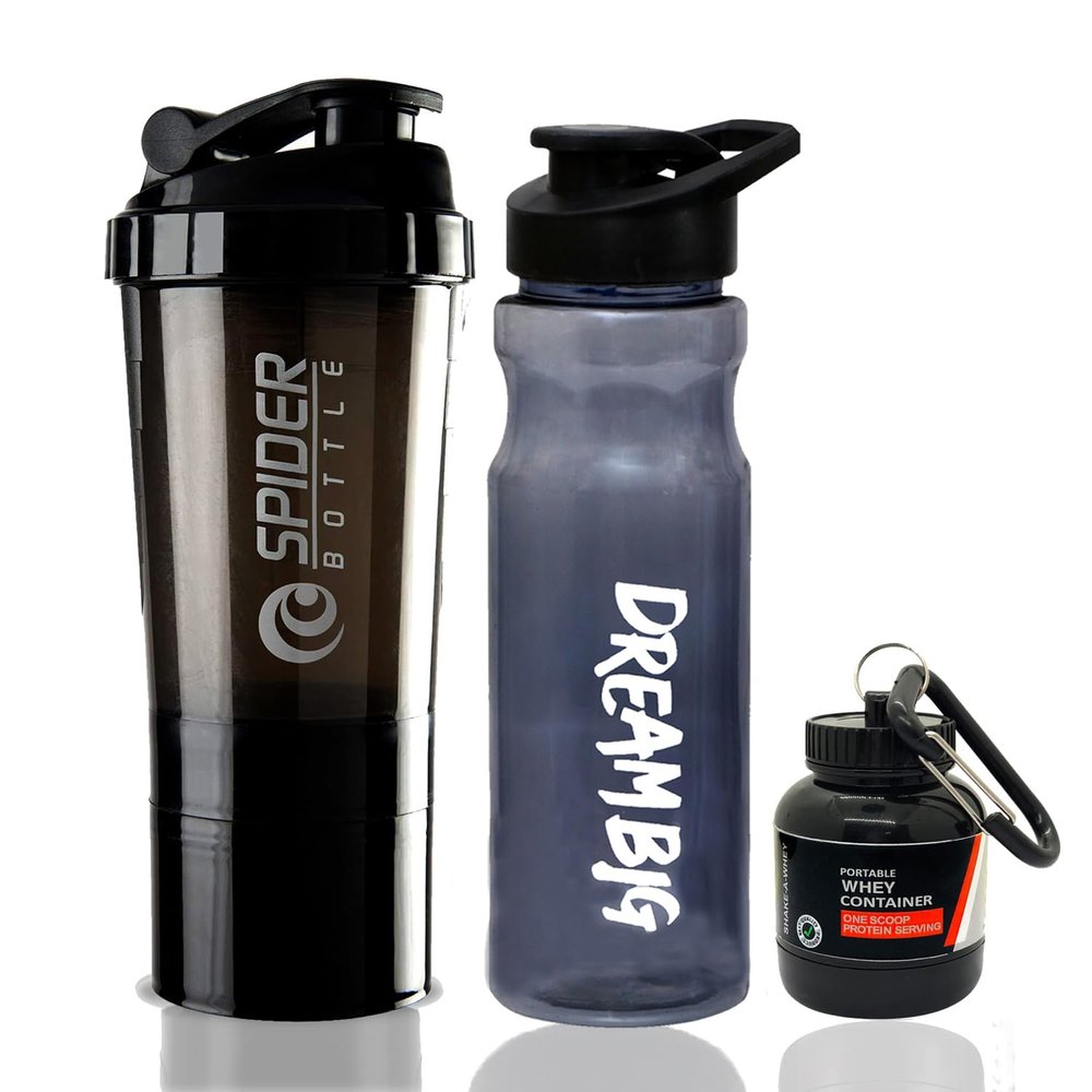 COOL INDIANS Sports Combo of Shaker, Sipper and WHEY Loader Container Bottles|Sipper Bottle|Shaker Bottle|PRE Workout Gym Shaker|Gym ACCESSORISE|Leak-Proof & BPA Free(Pack of 3) (Black)