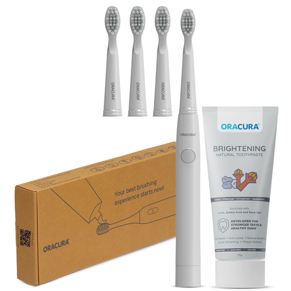ORACURA SB100 Grey Sonic Electric Toothbrush + Smart Sonic Electric Tooth Brush with 3 Brush Heads + Brightening Natural Toothpaste (Charcoal)