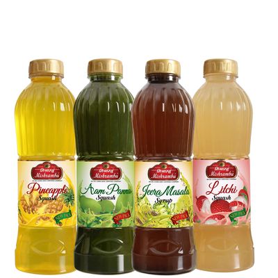 Mishrambu Squash & Syrup  Pineapple, Litchi, Aam Panna & Jeera Masala | Refreshing Drink Mix | Instant Sharbat for Mocktails, Juices & Beverages Combo Pack of 4 750ml Each)
