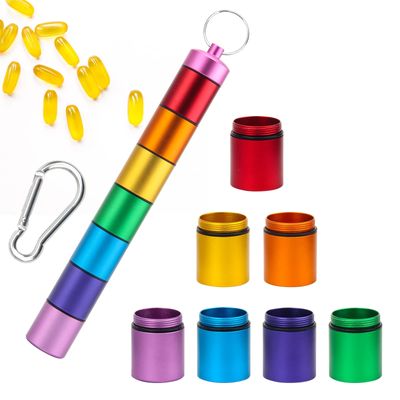 Anglecai Small Portable 7-Compartment Waterproof Metal Pill Case Keychain, Mini Pill Organizer Weekly Pill Box for Travel, Camping, Emergency