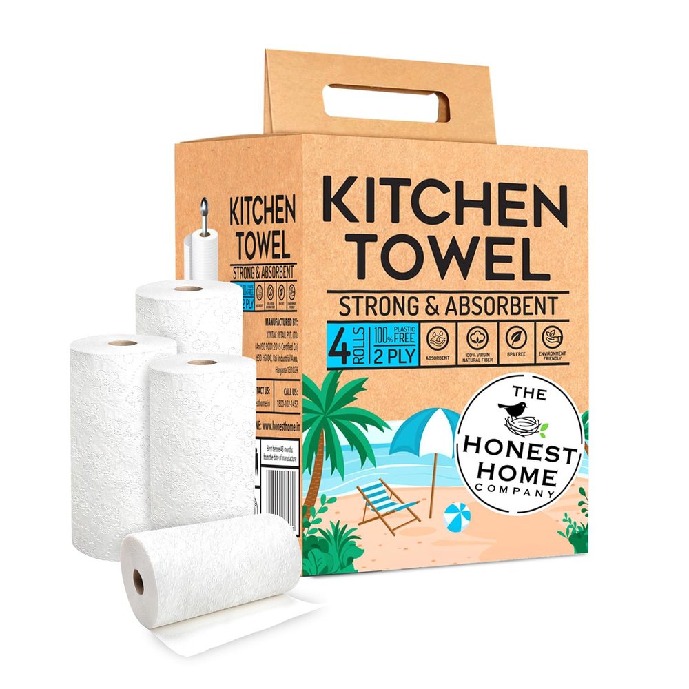 Honest Home 2 Ply Kitchen Towel Roll | 240 Pulls Total | 60 Pulls x 4 Rolls | Strong, Absorbent & Food Safe | 100% Virgin Pulp