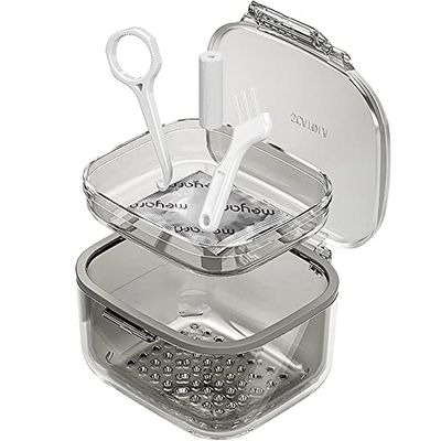 Retainer Case, Retainer Cleaner Case, Unique Denture Bath with Drain Tray, Suitable for Dentures, Denture Bridges, Partial Dentures, Traditional Braces, Etc. (Black)