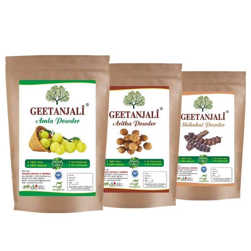 Geetanjali Henna Amla Aritha Shikakai Powder 100% organic Amla Powder, Aritha Powder, Shikakai Powder, Natural and Organic Shikakai for Hair - Pack of 3-200Gm X3-600Gm