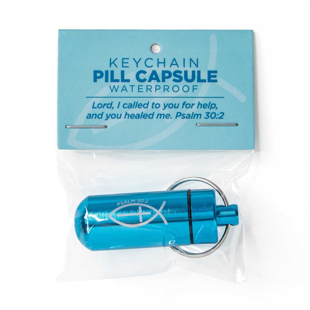 Aqua Pill Case Keychain, Waterproof Metal Travel Container for Medicine Storage, Small Empty Organizer Bottle with Christian Jesus Fish, Cross, & Psalm 30:2 Bible Verse Reference