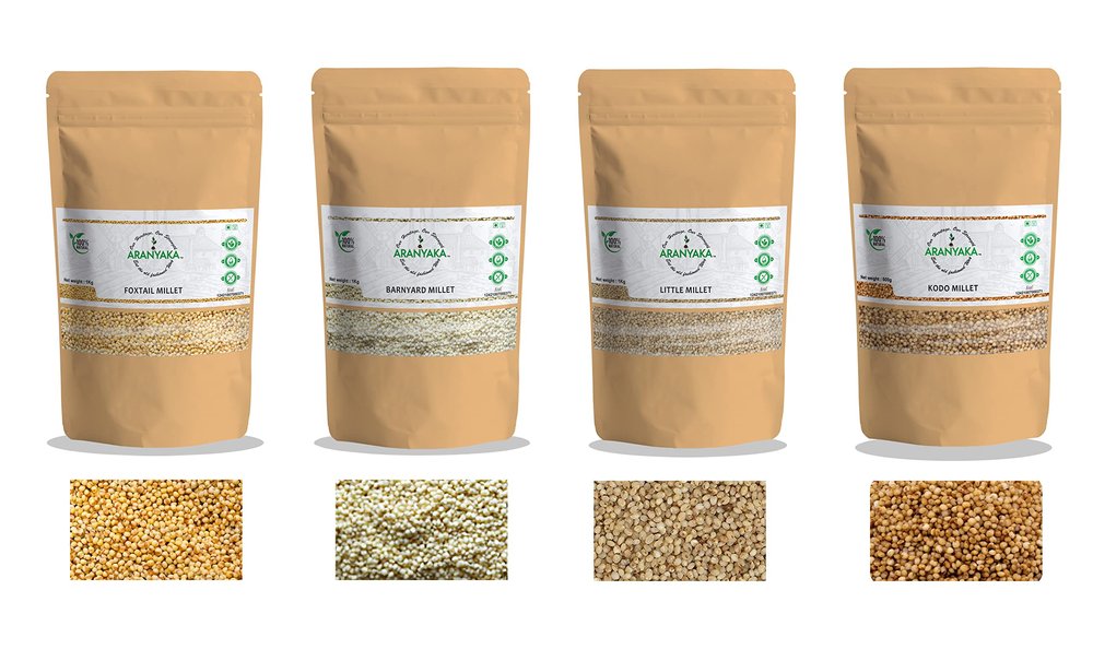 Aranyaka Millets Grain 1Kg Unpolished RAW Combo Pack of 4, [Little, Foxtail, Kodo, and Barnyard Millet]| RAW, Natural Farm Produce, Gluten Free, High Protein & Fibre Rich| Low GI-Diabetic Friendly (4 Kg Total)