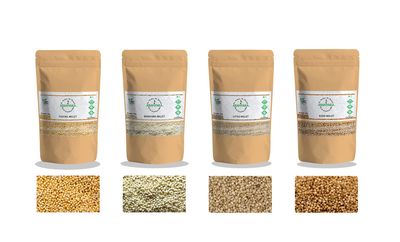 Aranyaka Millets Grain 250g Unpolished RAW Combo Pack of 4, [Little, Foxtail, Kodo & Barnyard Millet]| RAW, Natural Farm Produce, Gluten Free, High Protein & Fibre Rich| Low GI-Diabetic Friendly (1 Kg Total)