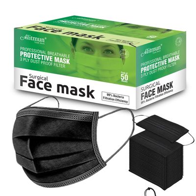 ALITMUN 3 Ply Protective Surgical Face Mask (Black), CE & ISO certified with Adjustable nose pin and soft ear loop, Melt-Blown Fabric 3 Layer mask, (without valve, Pack of 500), BFE & PFE > 99%