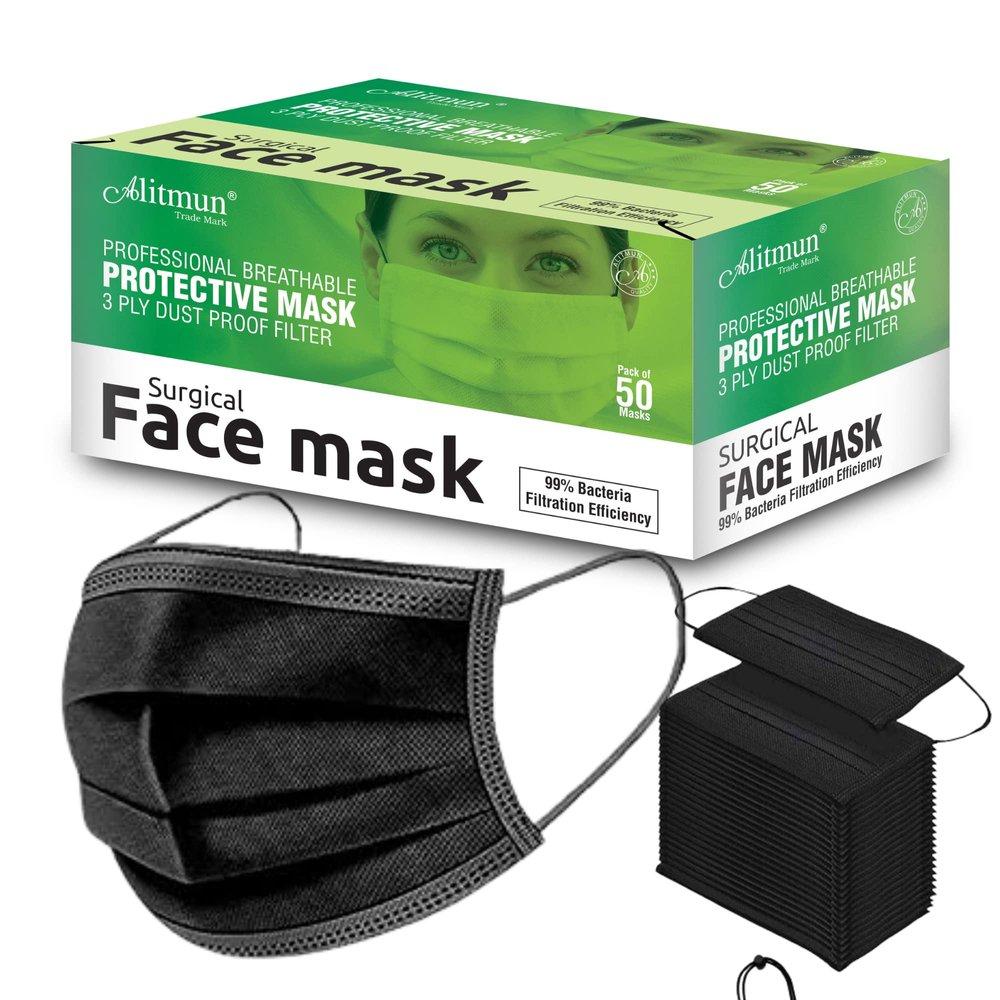 ALITMUN 3 Ply Protective Surgical Face Mask (Black), CE & ISO certified with Adjustable nose pin and soft ear loop, Melt-Blown Fabric 3 Layer mask, (without valve, Pack of 500), BFE & PFE > 99%